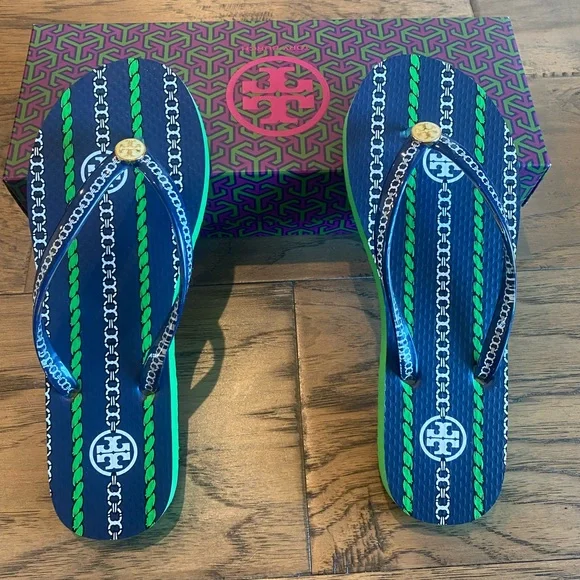 New Tory Burch Navy Sea Gemeni Rope Spring Green Flip Flops Size 6 Style 38959 - Picture 1 of 9
